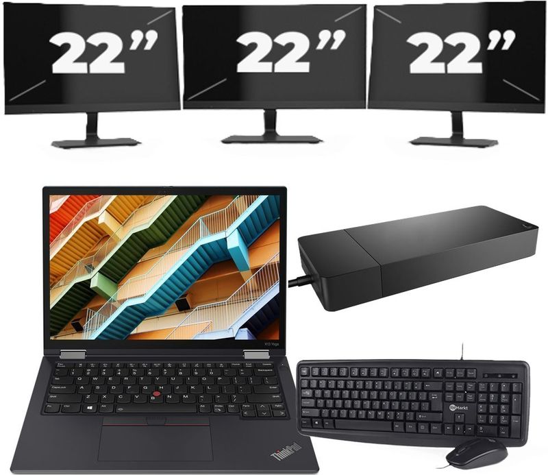 Lenovo ThinkPad X13 Yoga - Intel Core i5-10e Generatie - 13 inch - 16GB RAM - 256GB SSD - Windows 11 Home + 3x 22 inch Monitor Zichtbaar gebruikt