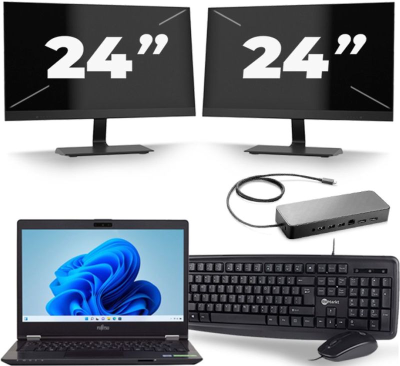 Fujitsu LifeBook U749 - Intel Core i5-8e Generatie - 14 inch - 16GB RAM - 256GB SSD - Windows 11 + 2x 24 inch Monitor Zichtbare schade