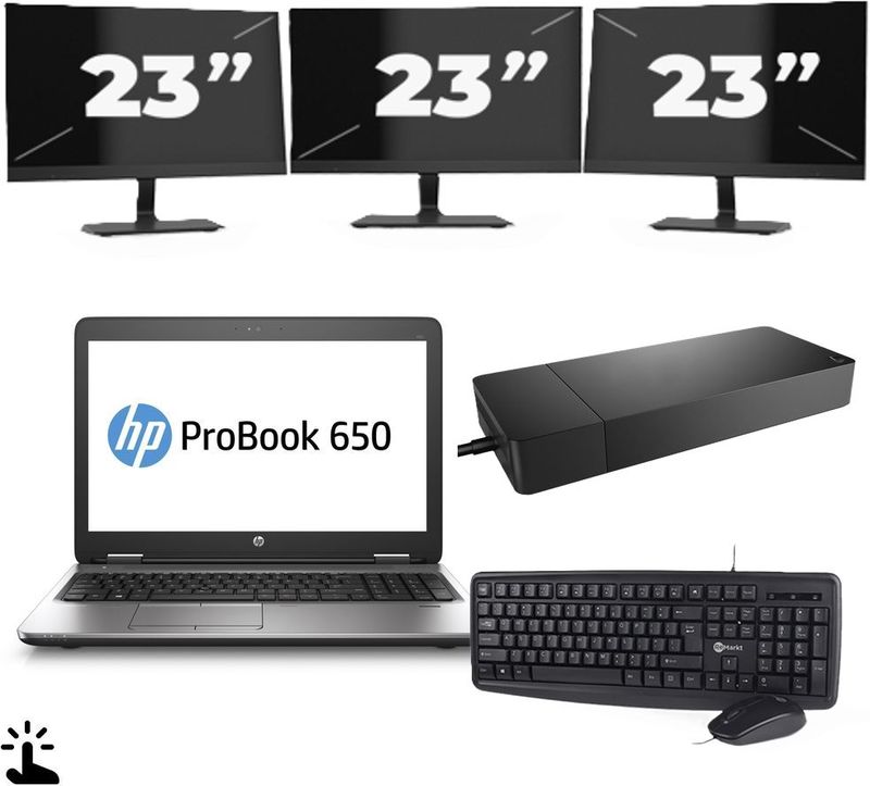 HP ProBook 650 G2 - Intel Core i5-6e Generatie - 15 inch - Touch - 8GB RAM - 256GB SSD - Windows 11 Home + 3x 23 inch Monitor Zichtbaar gebruikt