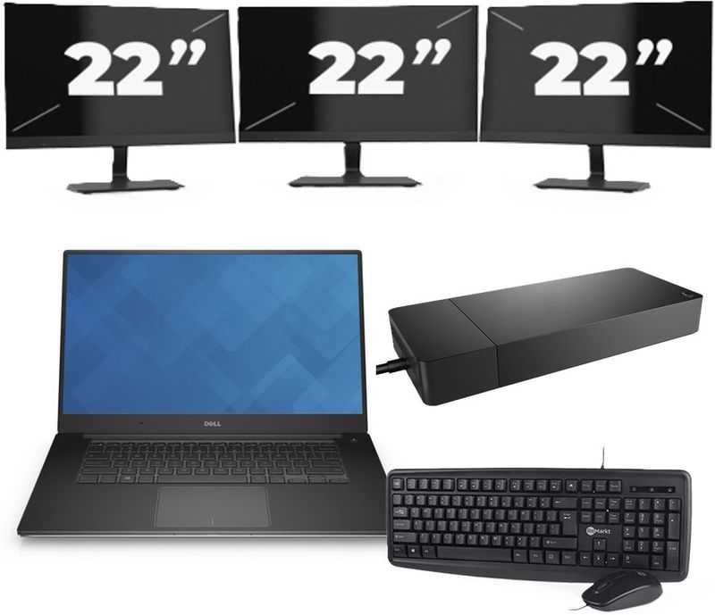 Dell Precision 5510 - Intel Core i7-6e Generatie - 15 inch - 16GB RAM - 256GB SSD - Windows 11 + 3x 22 inch Monitor Zichtbaar gebruikt