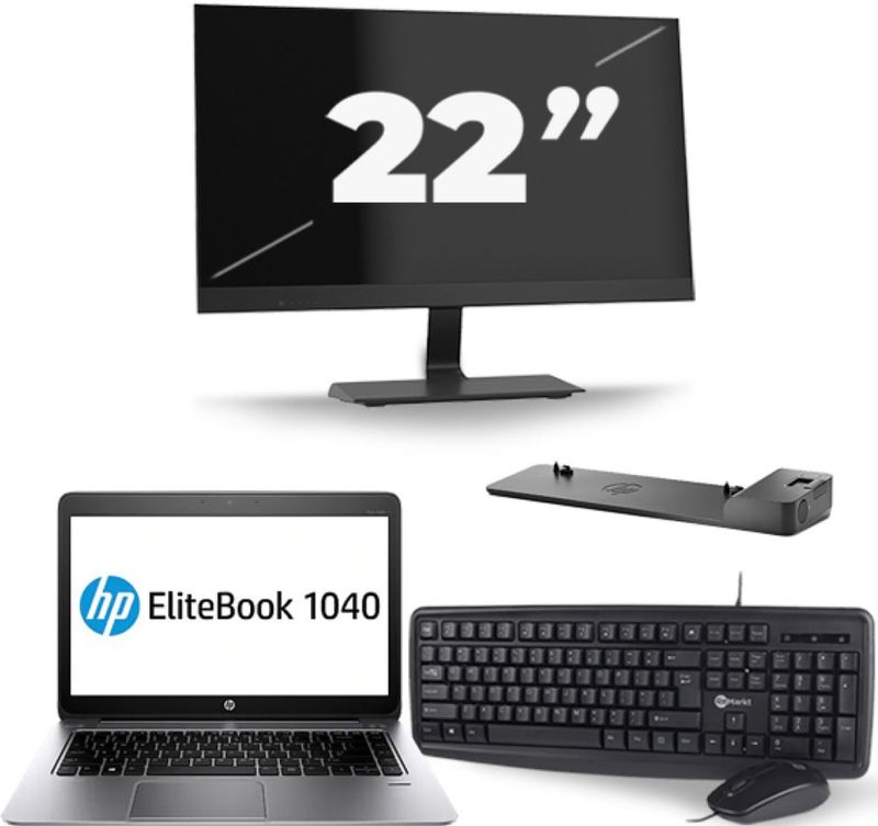 HP EliteBook Folio 1040 G3 - Intel Core i5-6e Generatie - 14 inch - 8GB RAM - 256GB SSD - Windows 11 + 1x 22 inch Monitor Nette Staat