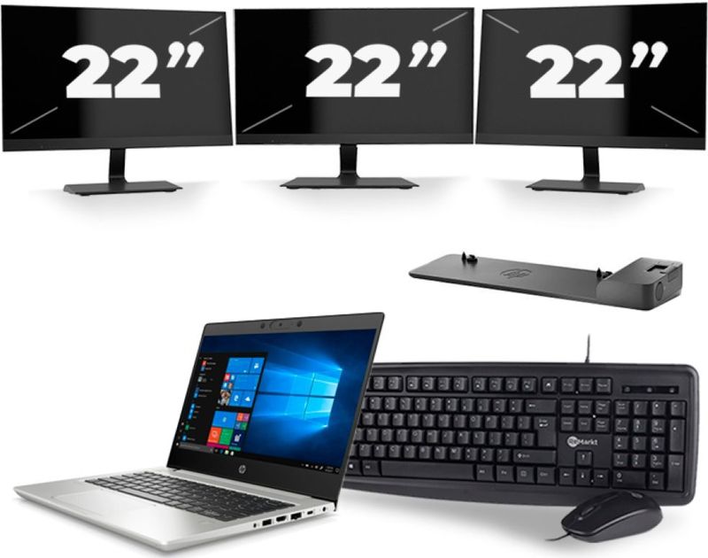 HP ProBook 430 G7 - Intel Core i5-10e Generatie - 13 inch - 16GB RAM - 256GB SSD - Windows 11 + 3x 22 inch Monitor Zichtbare schade