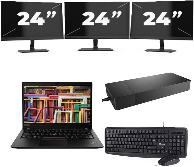 Lenovo ThinkPad T14s Gen 1 - Intel Core i7-10e Generatie - 14 inch - 16GB RAM - 256GB SSD - Windows 11 Home + 3x 24 inch Monitor Nette Staat