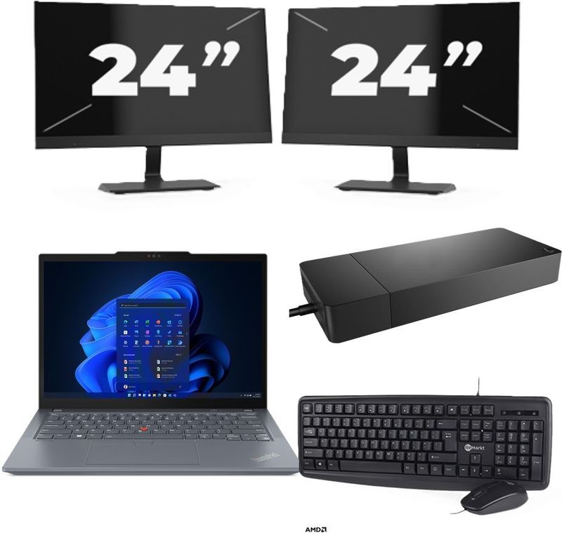 Lenovo ThinkPad X13 - AMD Ryzen 3 PRO 4450U - 13 inch - 8GB RAM - 256GB SSD - Windows 11 Home + 2x 24 inch Monitor Zichtbaar gebruikt