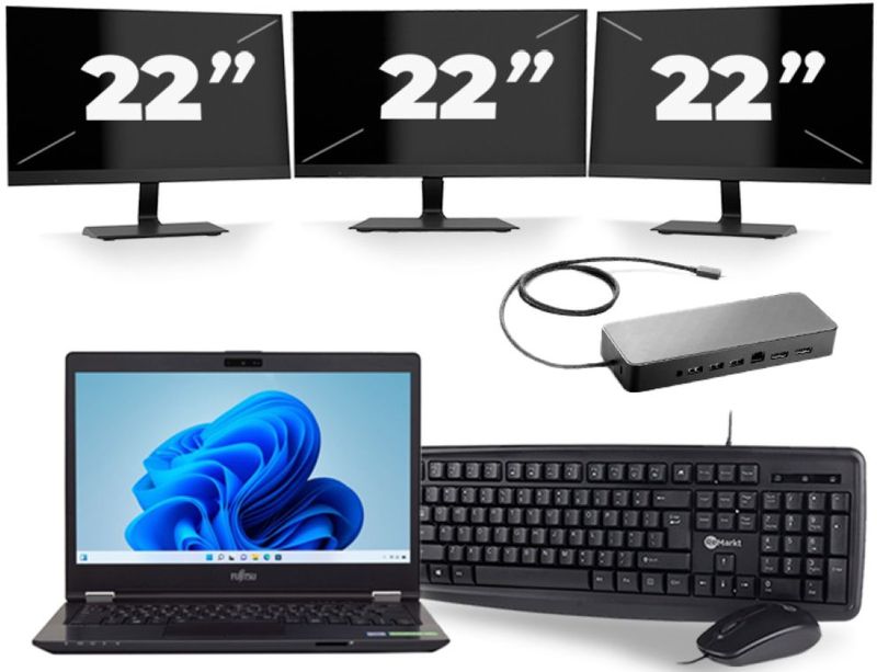 Fujitsu LifeBook U749 - Intel Core i5-8e Generatie - 14 inch - 16GB RAM - 256GB SSD - Windows 11 + 3x 22 inch Monitor Zichtbare schade