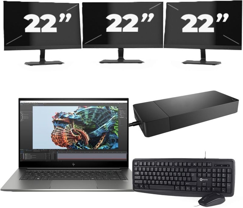 HP Zbook Studio G8 - Intel Core i7-11e Generatie - 15 inch - 16GB RAM - 256GB SSD - Windows 11 Home + 3x 22 inch Monitor Nette Staat