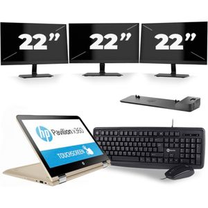 HP Pavilion x360 Convertible 13 - Intel Core i3-6e Generatie - 14 inch - 8GB RAM - 256GB SSD - Windows 11 Home + 3x 22 inch Monitor Zichtbaar gebruikt