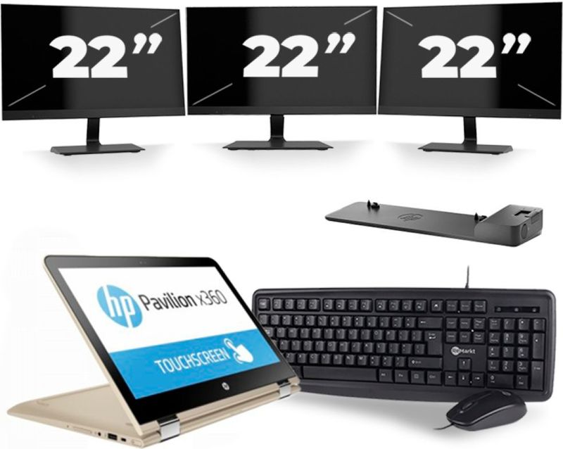 HP Pavilion x360 Convertible 13 - Intel Core i3-6e Generatie - 14 inch - 8GB RAM - 256GB SSD - Windows 11 Home + 3x 22 inch Monitor Zichtbaar gebruikt