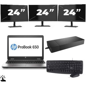 HP ProBook 650 G2 - Intel Core i5-6e Generatie - 15 inch - Touch - 8GB RAM - 256GB SSD - Windows 11 Home + 3x 24 inch Monitor Zichtbaar gebruikt