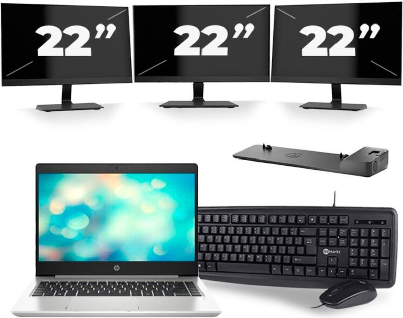HP ProBook 440 G7 - Intel Core i5-10e Generatie - 14 inch - 8GB RAM - 256GB SSD - Windows 11 + 3x 22 inch Monitor Zichtbare schade