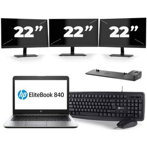 HP EliteBook 840 G4 - Intel Core i5-7e Generatie - 14 inch - 8GB RAM - 256GB SSD - Windows 11 + 3x 22 inch Monitor Zichtbaar gebruikt