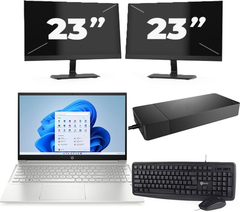 HP Pavilion 15-EG2 - Intel Core i5-12e Generatie - 15 inch - 16GB RAM - 256GB SSD - Windows 11 Home + 2x 23 inch Monitor Nette Staat