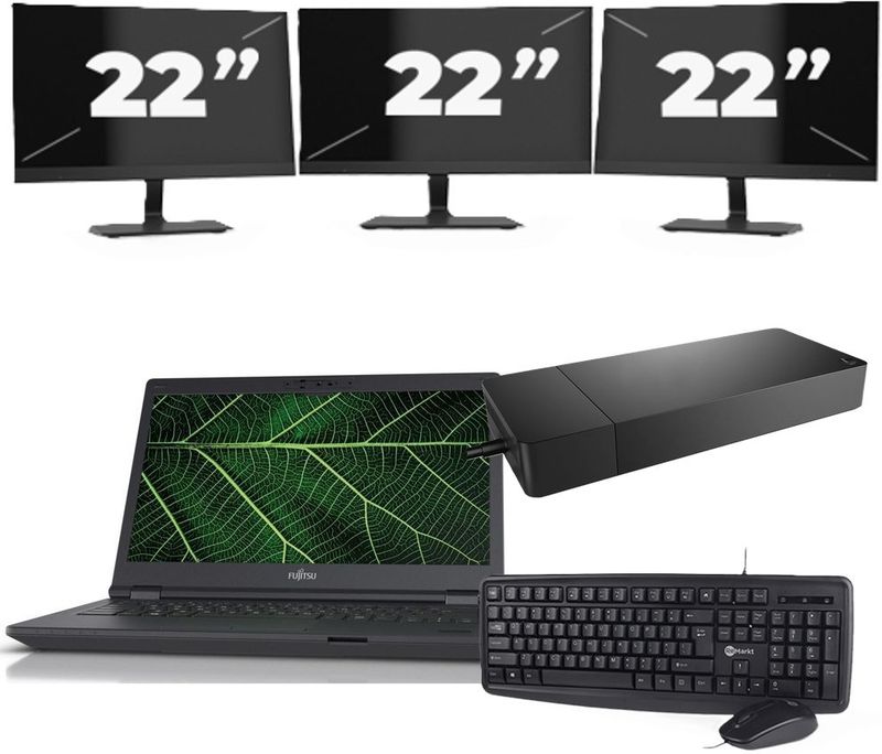 Fujitsu LIFEBOOK E5411 - Intel Core i5-11e Generatie - 14 inch - 16GB RAM - 256GB SSD - Windows 11 Home + 3x 22 inch Monitor Nette Staat