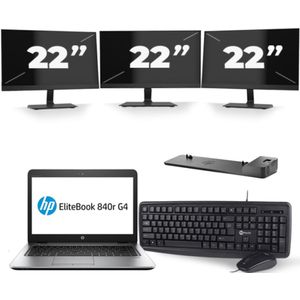 HP EliteBook 840r G4 - Intel Core i5-7e Generatie - 14 inch - 8GB RAM - 256GB SSD - Windows 11 + 3x 22 inch Monitor Zichtbaar gebruikt