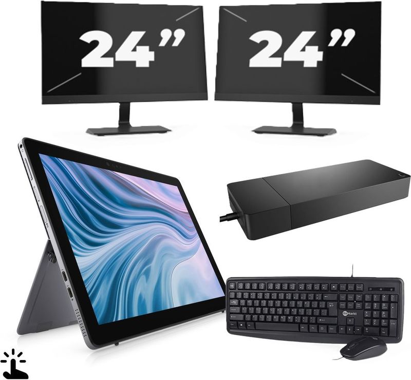Dell Latitude 7210 - Intel Core i7-10e Generatie - 12 inch - Touch - 16GB RAM - 256GB SSD - Windows 11 Home + 2x 24 inch Monitor Zichtbaar gebruikt