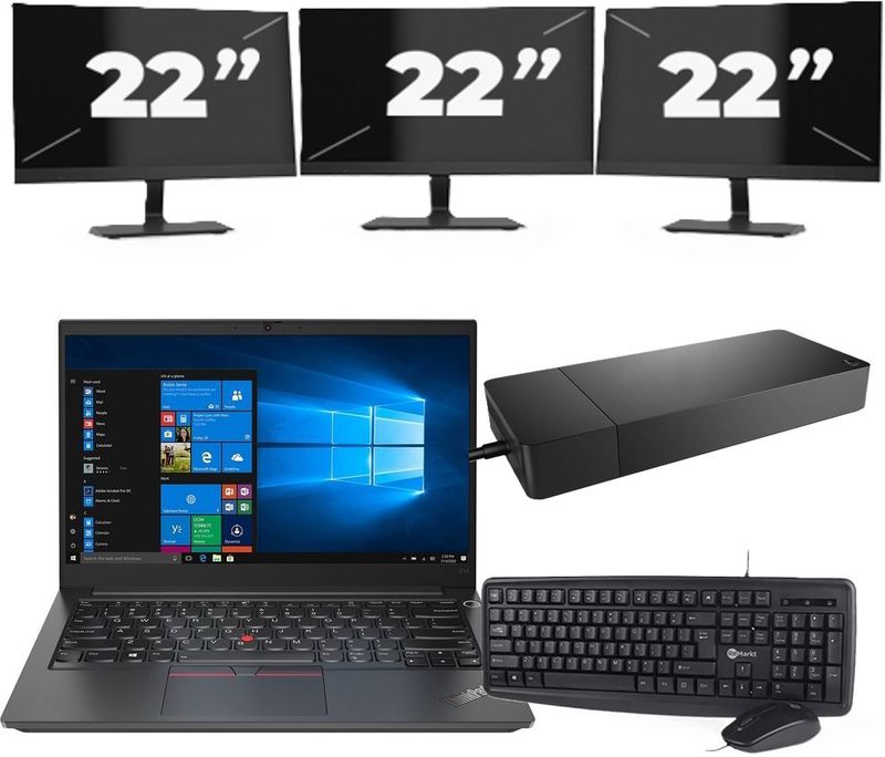 Lenovo ThinkPad E14 Gen 2 - Intel Core i3-11e Generatie - 14 inch - 16GB RAM - 256GB SSD - Windows 11 Home + 3x 22 inch Monitor Zichtbaar gebruikt