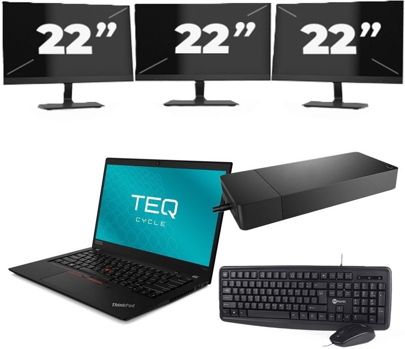 Lenovo ThinkPad T490s - Intel Core i5-8e Generatie - 14 inch - 8GB RAM - 256GB SSD - Windows 11 Home + 3x 22 inch Monitor Zichtbaar gebruikt