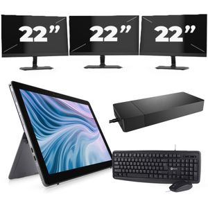 Dell Latitude 7210 - Intel Core i7-10e Generatie - 12 inch - 16GB RAM - 256GB SSD - Windows 11 Home + 3x 22 inch Monitor Zichtbaar gebruikt