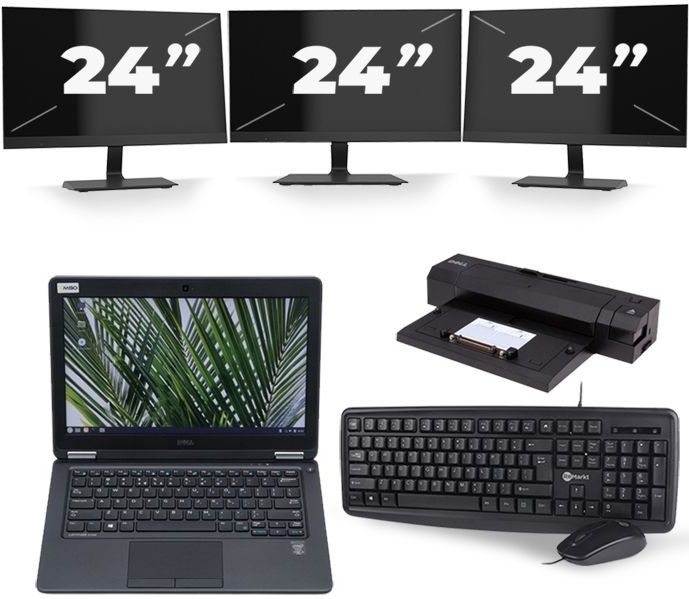 Dell Latitude E7250 - Intel Core i7-5e Generatie - 12 inch - 8GB RAM - 128GB SSD - Windows 11 + 3x 24 inch Monitor Zichtbaar gebruikt