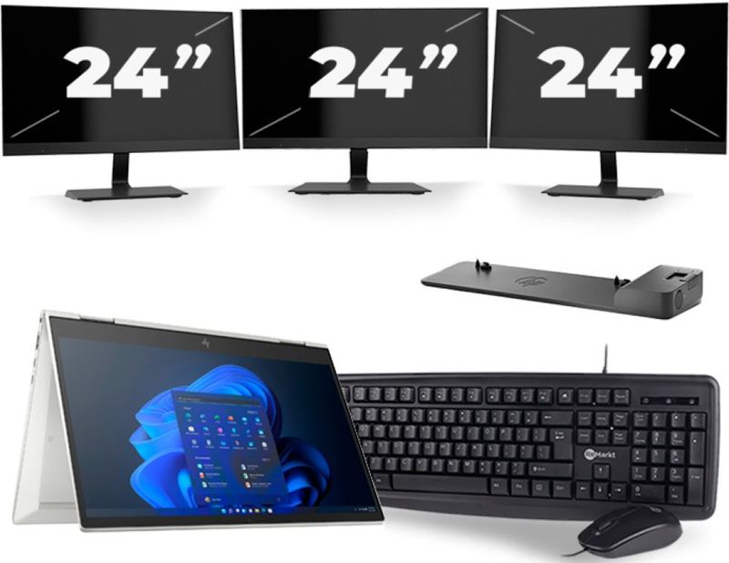 HP EliteBook x360 830 G8 - Intel Core i5-11e Generatie - 13 inch - 16GB RAM - 256GB SSD - Windows 11 Home + 3x 24 inch Monitor Zichtbare schade