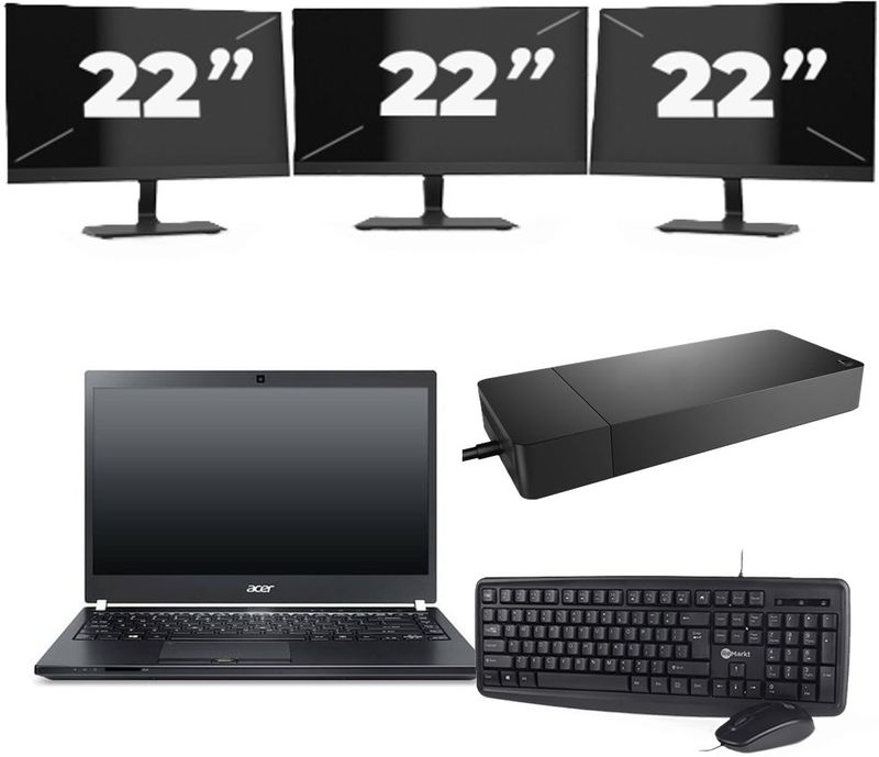 Acer TravelMate P645-SG - Intel Core i7-5e Generatie - 14 inch - 8GB RAM - 256GB SSD - Windows 11 Home + 3x 22 inch Monitor Zichtbaar gebruikt