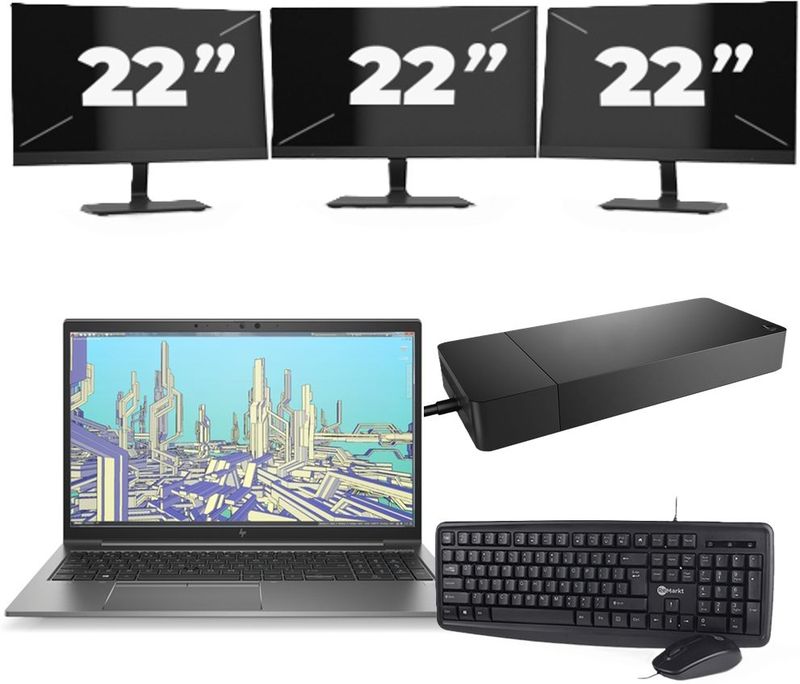 HP ZBook Firefly 15 G8 - Intel Core i7-11e Generatie - 15 inch - 16GB RAM - 256GB SSD - Windows 11 Home + 3x 22 inch Monitor Nette Staat