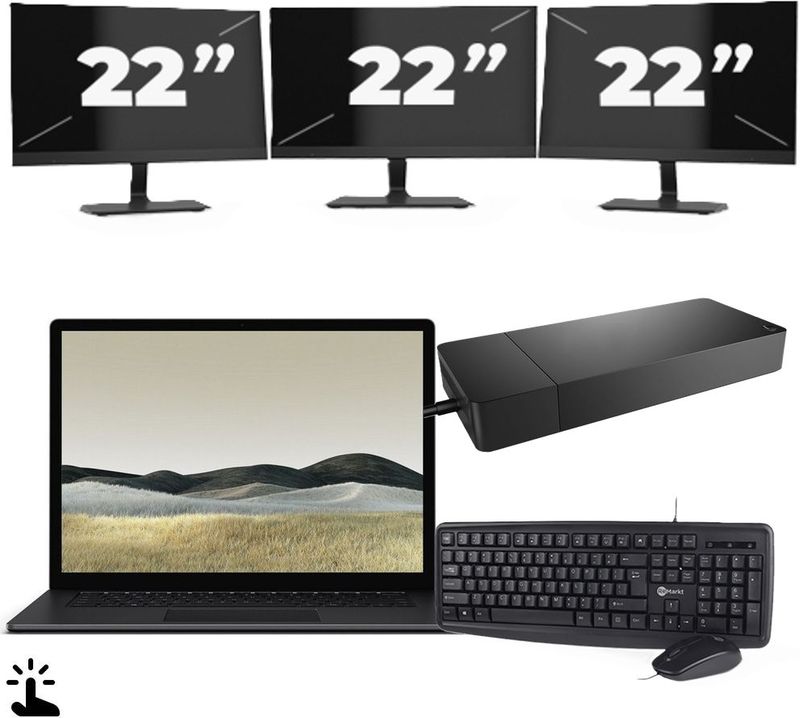 Microsoft Surface Laptop 3 - Intel Core i7-10e Generatie - 15 inch - Touch - 16GB RAM - 256GB SSD - Windows 11 Home + 3x 22 inch Monitor Zichtbaar gebruikt