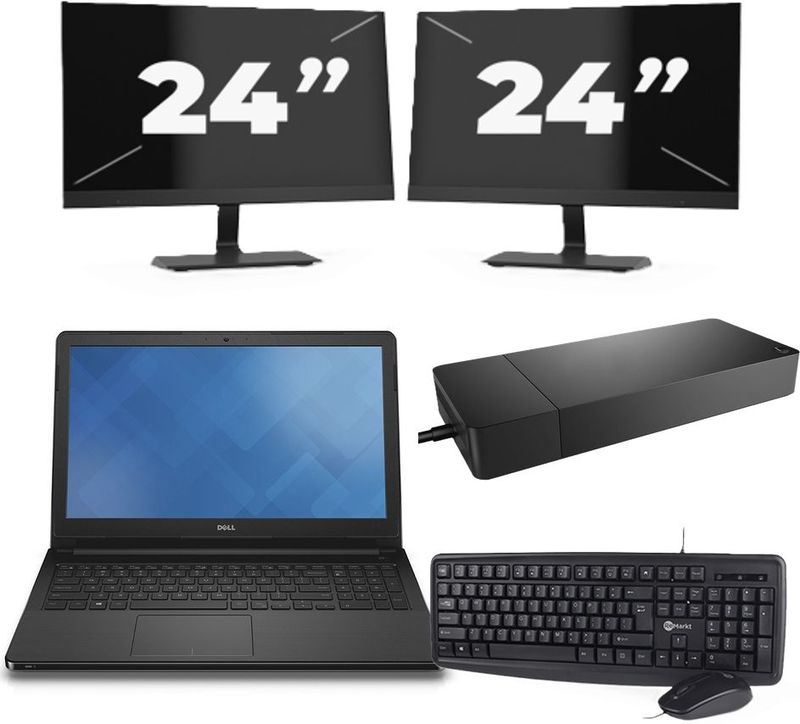 Dell Vostro 15-3568 - Intel Core i3-7e Generatie - 15 inch - 8GB RAM - 256GB SSD - Windows 11 Home + 2x 24 inch Monitor Zichtbare schade