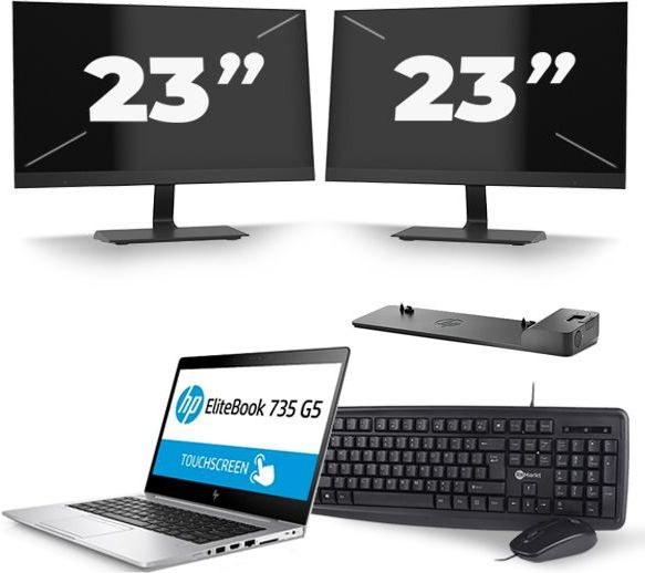 HP EliteBook 735 G5 - AMD Ryzen 5 PRO 2500U - 13 inch - 8GB RAM - 256GB SSD - Windows 10 + 2x 23 inch Monitor Zichtbaar gebruikt