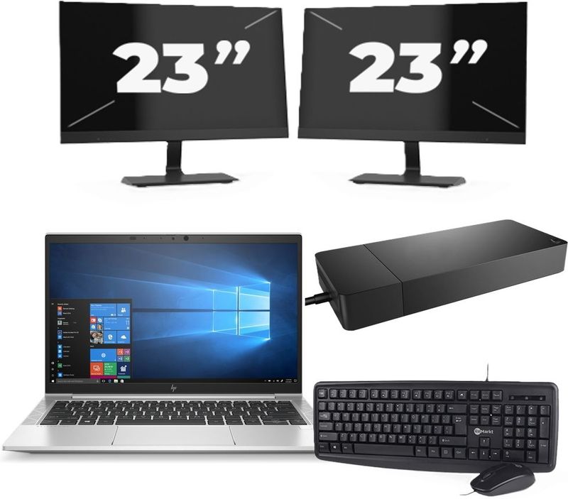 HP EliteBook 835 G7 - AMD Ryzen 3 Pro 4450U - 13 inch - 16GB RAM - 256GB SSD - Windows 10 Home + 2x 23 inch Monitor Zichtbaar gebruikt
