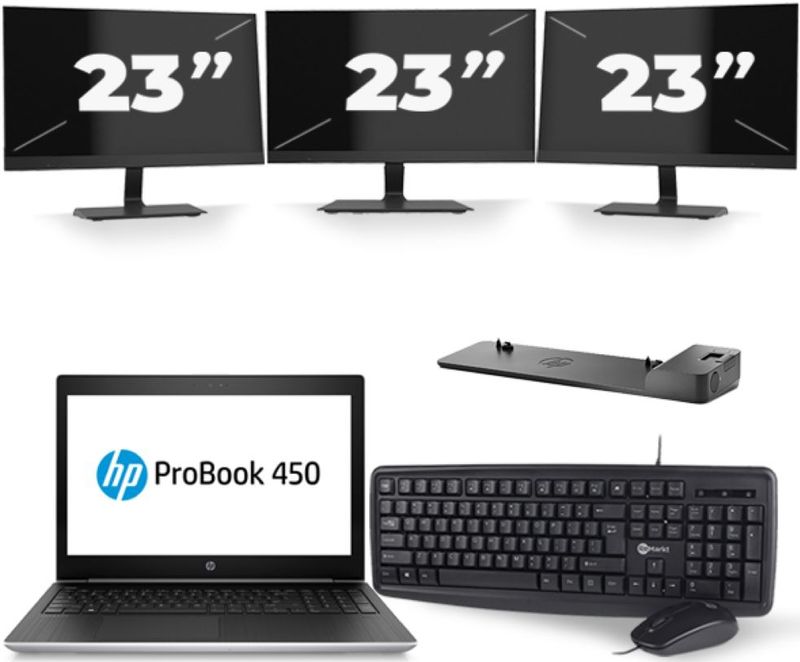 HP ProBook 450 G5 - Intel Core i3-7e Generatie - 15 inch - 8GB RAM - 256GB SSD - Windows 11 + 3x 23 inch Monitor Nette Staat