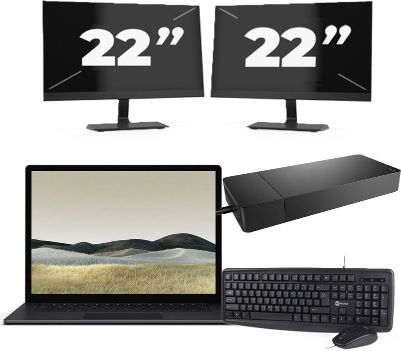 Microsoft Surface Laptop 3 - Intel Core i5-10e Generatie - 13 inch - 16GB RAM - 256GB SSD - Windows 11 Home + 2x 22 inch Monitor Nette Staat