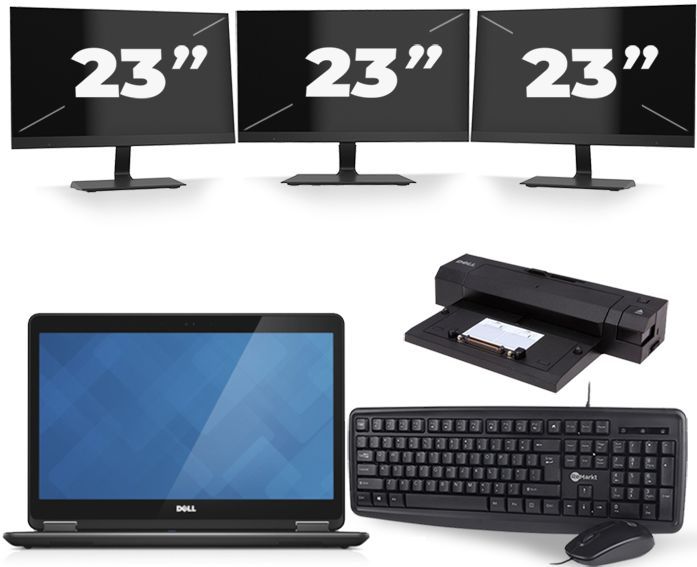 Dell Latitude E7440 - Intel Core i5-4e Generatie - 14 inch - 8GB RAM - 256GB SSD - Windows 11 + 3x 23 inch Monitor Nette Staat