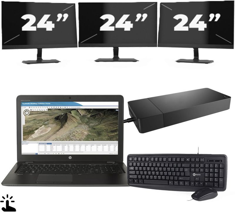 HP ZBook 15u G3 - Intel Core i7-6e Generatie - 15 inch - Touch - 16GB RAM - 256GB SSD - Windows 11 Home + 3x 24 inch Monitor Zichtbare schade