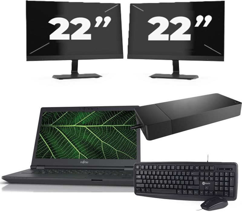 Fujitsu LIFEBOOK E5411 - Intel Core i5-11e Generatie - 14 inch - 16GB RAM - 256GB SSD - Windows 11 Home + 2x 22 inch Monitor Zichtbaar gebruikt