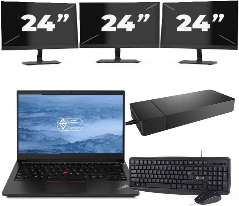 Lenovo ThinkPad E14 - Intel Core i3-10e Generatie - 14 inch - 16GB RAM - 256GB SSD - Windows 11 + 3x 24 inch Monitor Zichtbare schade