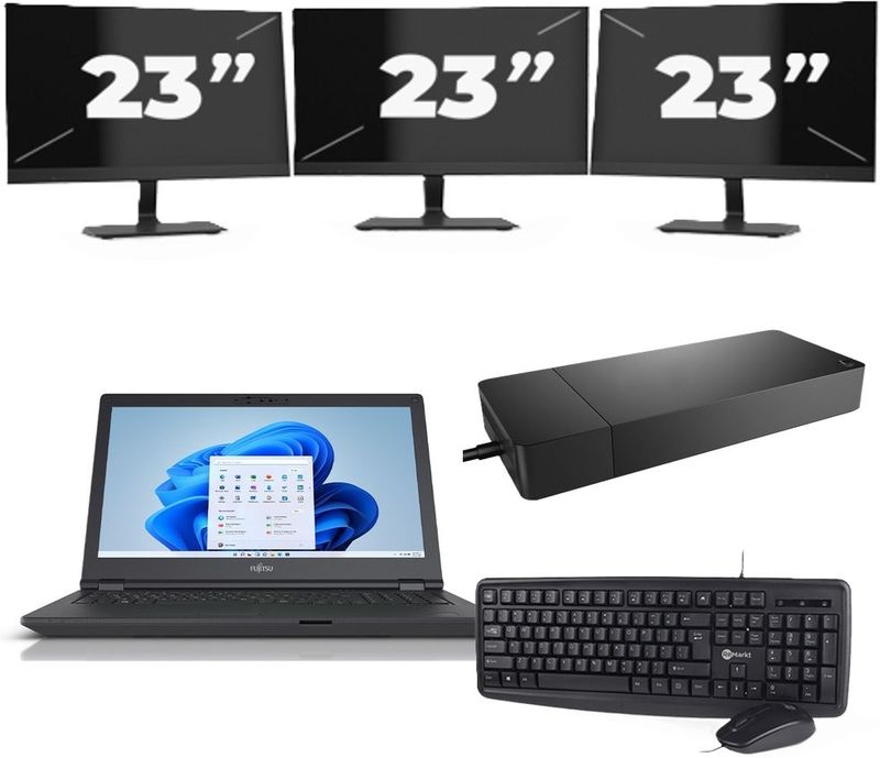 Fujitsu Lifebook E5511 - Intel Core i7-11e Generatie - 15 inch - 16GB RAM - 256GB SSD - Windows 11 Home + 3x 23 inch Monitor Zichtbaar gebruikt
