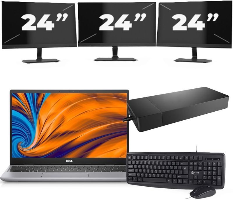 Dell Latitude 3320 - Intel Core i3-11e Generatie - 14 inch - 4GB RAM - 256GB SSD - Windows 11 Home + 3x 24 inch Monitor Nette Staat