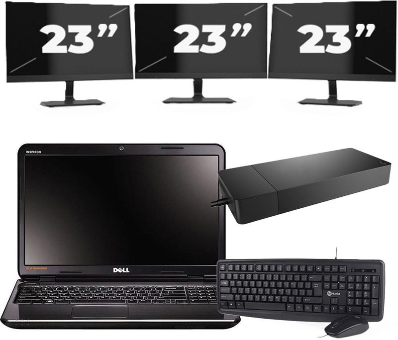 Dell Inspiron N5110 - Intel Core i3-2e Generatie - 15 inch - 8GB RAM - 256GB SSD - Windows 10 Home + 3x 23 inch Monitor Zichtbaar gebruikt