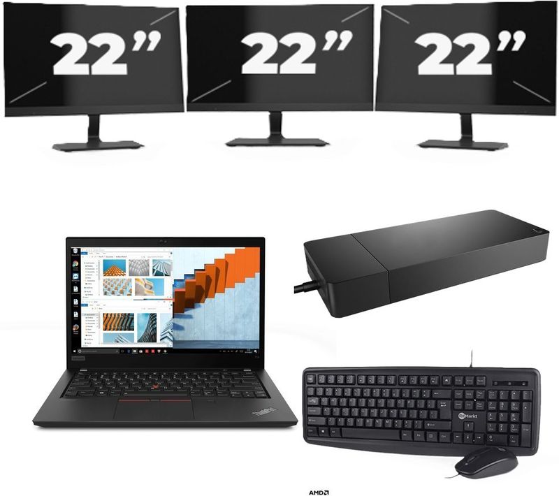 Lenovo ThinkPad T14 Gen 2 - Intel Core i5-11e Generatie - 14 inch - 16GB RAM - 256GB SSD - Windows 11 Home + 3x 22 inch Monitor Nette Staat