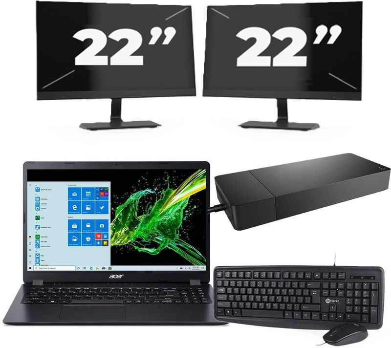 ACER Aspire A315-56 - Intel Core i5-10e Generatie - 15 inch - 16GB RAM - 256GB SSD - Windows 11 Home + 2x 22 inch Monitor Nette Staat