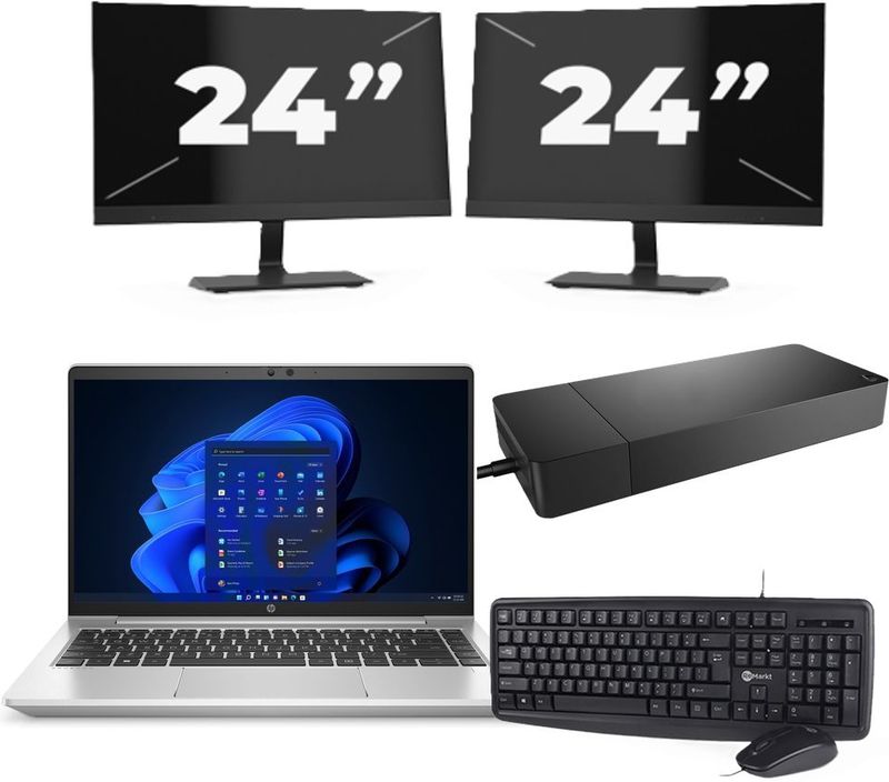 HP ProBook 445 G8 - AMD Ryzen 3 5400U - 14 inch - 16GB RAM - 256GB SSD - Windows 11 + 2x 24 inch Monitor Zichtbaar gebruikt