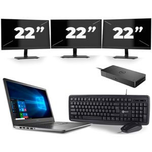 Dell Vostro 5568 - Intel Core i5-7e Generatie - 15 inch - 8GB RAM - 256GB SSD - Windows 11 + 3x 22 inch Monitor Nette Staat