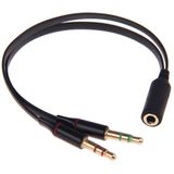 Audio Jack 3.5mm Y-Splitter M/F, Stereo+Microfoon, platte kabel, zwart, oa  iPhone/Samsung headset
