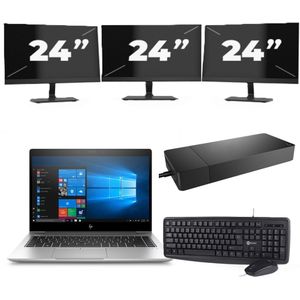 HP EliteBook x360 830 G7 - Intel Core i5-10e Generatie - 13 inch - 16GB RAM - 256GB SSD - Windows 11 Home + 3x 24 inch Monitor Zichtbaar gebruikt