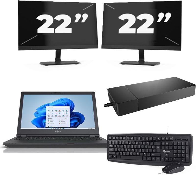 Fujitsu Lifebook E5511 - Intel Core i7-11e Generatie - 15 inch - 16GB RAM - 256GB SSD - Windows 11 Home + 2x 22 inch Monitor Zichtbaar gebruikt