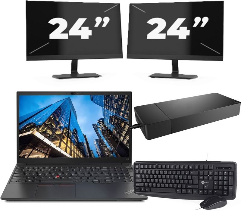 Lenovo E15 - Intel Core i3-10e Generatie - 15 inch - 16GB RAM - 256GB SSD - Windows 11 Home + 2x 24 inch Monitor Nette Staat