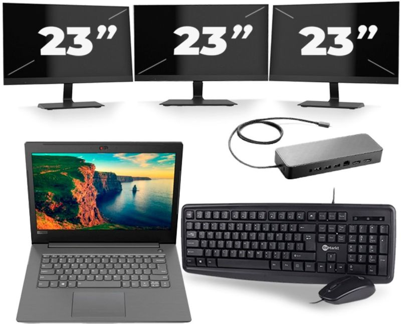 Lenovo V330-14IKB - Intel Core i3-8e Generatie - 14 inch - 8GB RAM - 256GB SSD - Windows 11 + 3x 23 inch Monitor Zichtbaar gebruikt