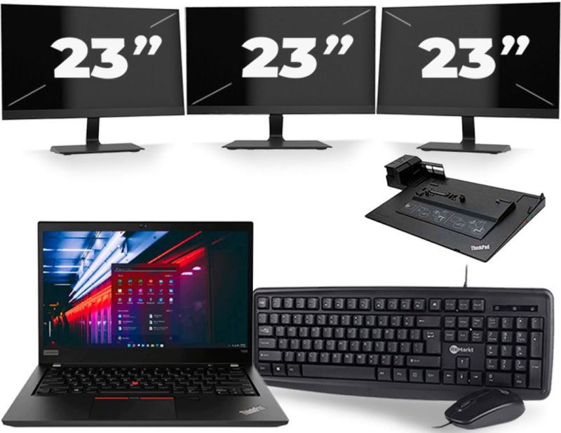 Lenovo ThinkPad T490 - Intel Core i5-8e Generatie - 14 inch - 16GB RAM - 256GB SSD - Windows 11 Home + 3x 23 inch Monitor Zichtbaar gebruikt