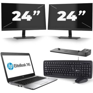 HP EliteBook 745 G3 - AMD PRO A10-8700B - 14 inch - 8GB RAM - 256GB SSD - Windows 11 + 2x 24 inch Monitor Zichtbare schade